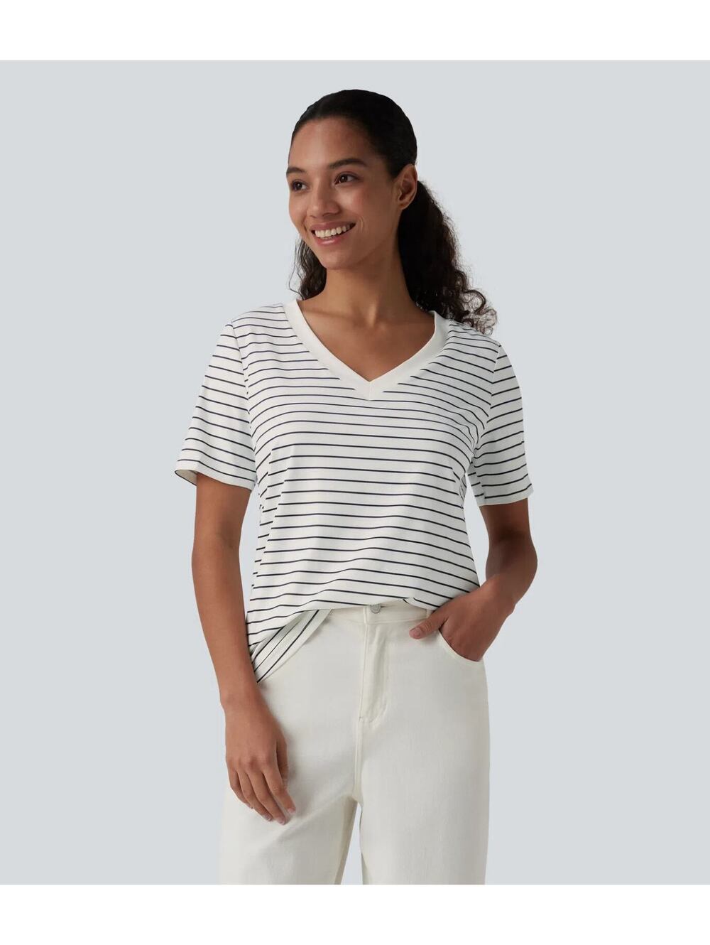Halara V Neck Short Sleeve Stripe Casual T-Shirt Inkline Drift Size XS